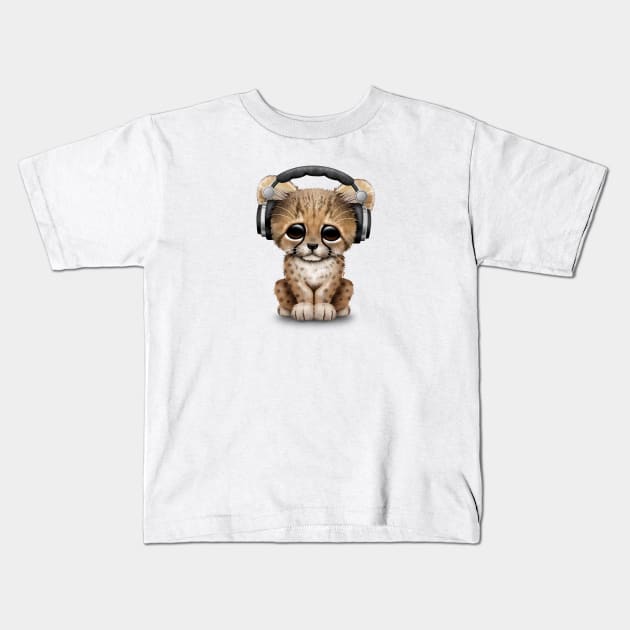 Cute Cheetah Cub Dj Wearing Headphones Kids T-Shirt by jeffbartels